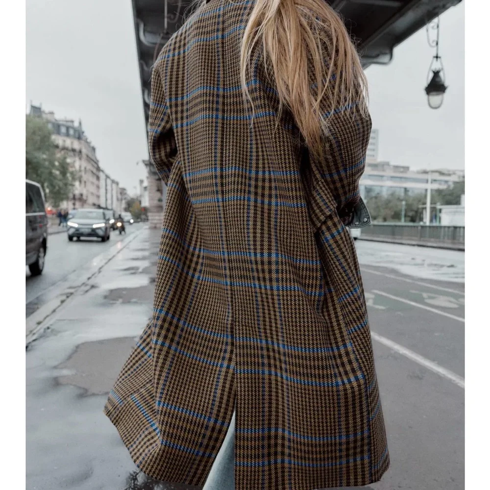 Zara Oversized Plaid Blue and Brown Check Coat - Picture 3 of 7